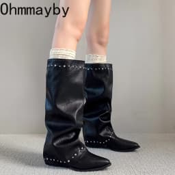Pointed Toe Rivet Wide Calf Long Boots Women Ruched Slip On Block Heel Vintage Western Knee High Boots Ladies Fashion Footwear
