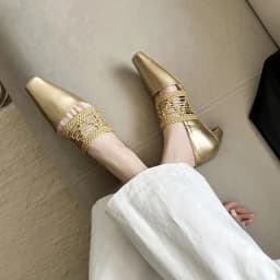 NEW Spring/Autumn Women Shoes Split Leather Shoes for Women Square Toe Chunky Heel Shoes Gold Weave Slip-on Shallow Women Pumps