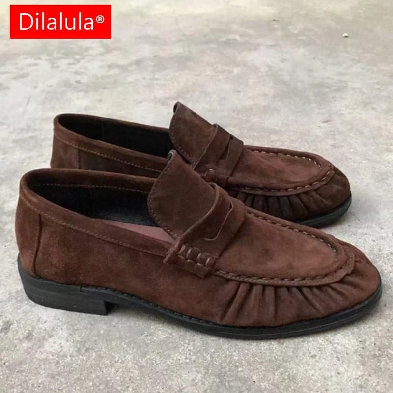 Dilalula 2026 Classic Genuine Leather Pleated Loafers Women French Style Low Heels Slip On Pumps Female Casual Shoes Plus Size