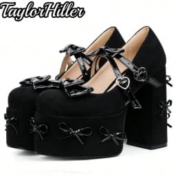 TaylorHiller Women Lolita Platform Mary Janes Shoes Bow Decor Heart Buckle Super High Block Heels Pumps Gothic Sweet Party Shoes