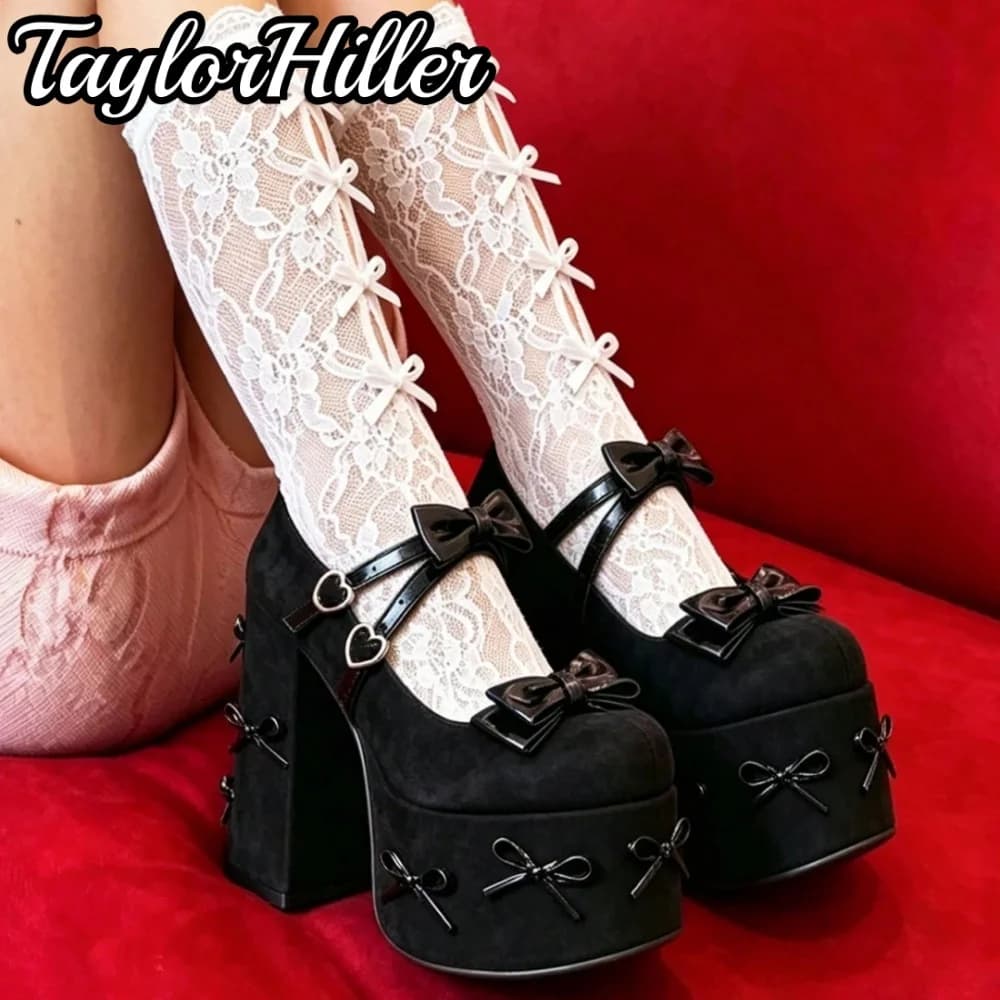 TaylorHiller Women Lolita Platform Mary Janes Shoes Bow Decor Heart Buckle Super High Block Heels Pumps Gothic Sweet Party Shoes