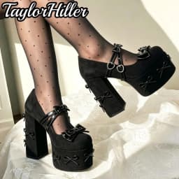 TaylorHiller Women Lolita Platform Mary Janes Shoes Bow Decor Heart Buckle Super High Block Heels Pumps Gothic Sweet Party Shoes