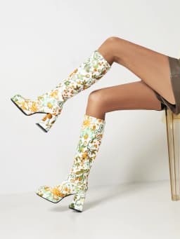 Colorful Floral Ultra-High Thick Heel Women's Knee-Length Boot Square-Toe Waterproof Platform Tapered Print Breathable Long Boot