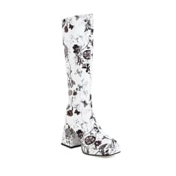 Colorful Floral Ultra-High Thick Heel Women's Knee-Length Boot Square-Toe Waterproof Platform Tapered Print Breathable Long Boot