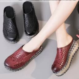 ZXRYXGS Hollow Cowhde Summer Leather Slippers Women Shoes High Heel Sandals 2026 Summer Women Sandals Platform Wedges Slippers