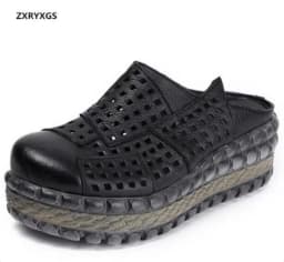 ZXRYXGS Hollow Cowhde Summer Leather Slippers Women Shoes High Heel Sandals 2026 Summer Women Sandals Platform Wedges Slippers