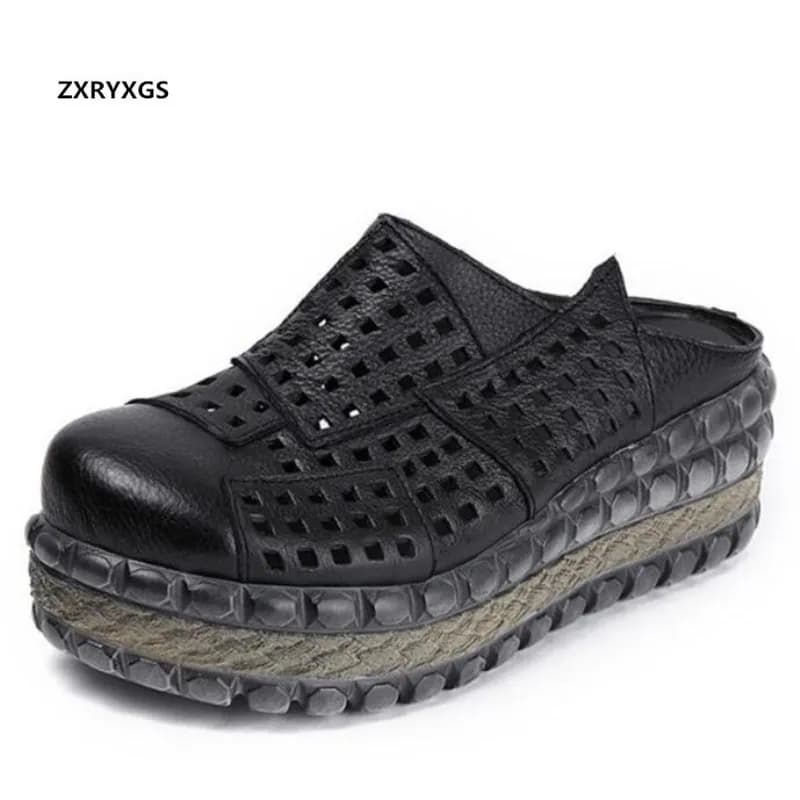 ZXRYXGS Hollow Cowhde Summer Leather Slippers Women Shoes High Heel Sandals 2026 Summer Women Sandals Platform Wedges Slippers