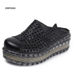 ZXRYXGS Hollow Cowhde Summer Leather Slippers Women Shoes High Heel Sandals 2026 Summer Women Sandals Platform Wedges Slippers