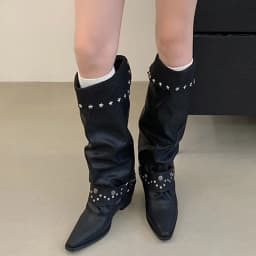 Eilyken Vintage Style Punk Rivet Pleated Long Boots Women Square Heels Pointed Toe Casual Knee High Boots Motorcycle Boots Mujer