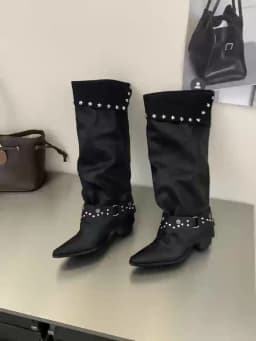 Eilyken Vintage Style Punk Rivet Pleated Long Boots Women Square Heels Pointed Toe Casual Knee High Boots Motorcycle Boots Mujer