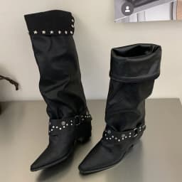 Eilyken Vintage Style Punk Rivet Pleated Long Boots Women Square Heels Pointed Toe Casual Knee High Boots Motorcycle Boots Mujer