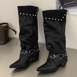 Eilyken Vintage Style Punk Rivet Pleated Long Boots Women Square Heels Pointed Toe Casual Knee High Boots Motorcycle Boots Mujer