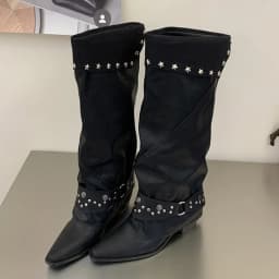 Eilyken Vintage Style Punk Rivet Pleated Long Boots Women Square Heels Pointed Toe Casual Knee High Boots Motorcycle Boots Mujer