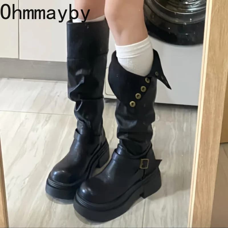 Autumn Winter Platform Thick Bottom Women Long Boots Fashion Slip On Shoes Vintage Ladies Knight Botas