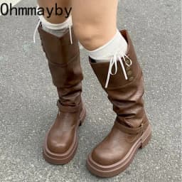 Autumn Winter Platform Thick Bottom Women Long Boots Fashion Slip On Shoes Vintage Ladies Knight Botas