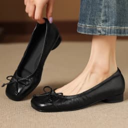 danxuefei women's sheepskin square toe sweet bowtie slip-on flats 2cm round low heel high quality soft comfortable daily shoes
