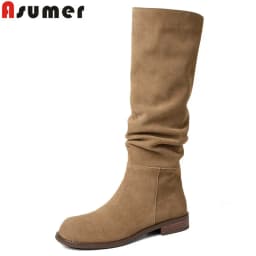 ASUMER Size 34-42 Cow Suede Leather Women Boots Pleated Low Heels Winter Boots Handmade Ladies Casual Western Boots Lady Shoes