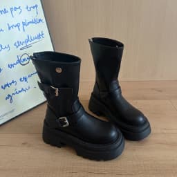 Slim Fit Motorcycle Mid Calf Boots Women Platform Thick Sole Double Buckle Strap Faux Leather Slip On Autumn Winter Ladies Boots