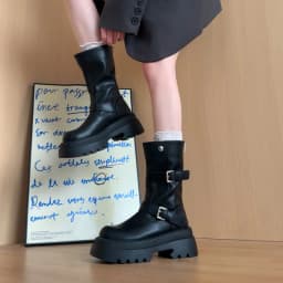 Slim Fit Motorcycle Mid Calf Boots Women Platform Thick Sole Double Buckle Strap Faux Leather Slip On Autumn Winter Ladies Boots