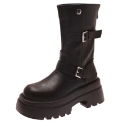 Slim Fit Motorcycle Mid Calf Boots Women Platform Thick Sole Double Buckle Strap Faux Leather Slip On Autumn Winter Ladies Boots