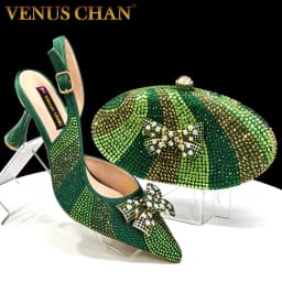 Venus Chan Green Color Pointed-Toe High Women Heels Shoes and Bags for Women Rhinestone Evening Party Elegant Luxury Handbag