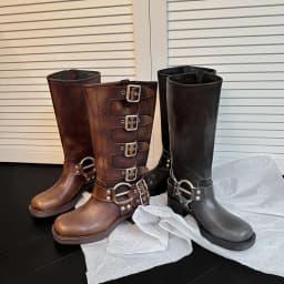 Metal Buckle Square Toe Knee High Boots Women Genuine Leather Leather Punk Long Boots Woman Chunky Heels Motorcycle Booties