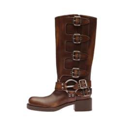 Metal Buckle Square Toe Knee High Boots Women Genuine Leather Leather Punk Long Boots Woman Chunky Heels Motorcycle Booties
