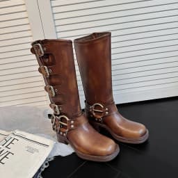 Metal Buckle Square Toe Knee High Boots Women Genuine Leather Leather Punk Long Boots Woman Chunky Heels Motorcycle Booties