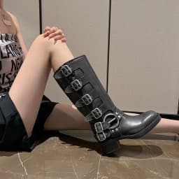 Metal Buckle Square Toe Knee High Boots Women Genuine Leather Leather Punk Long Boots Woman Chunky Heels Motorcycle Booties