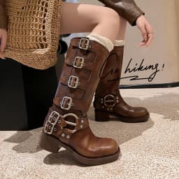Metal Buckle Square Toe Knee High Boots Women Genuine Leather Leather Punk Long Boots Woman Chunky Heels Motorcycle Booties