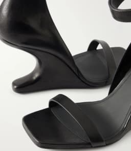 Black leather wedge square toe sandals Women's 2026 new in ankle strap high heels mules luxury designer party shoes on offer