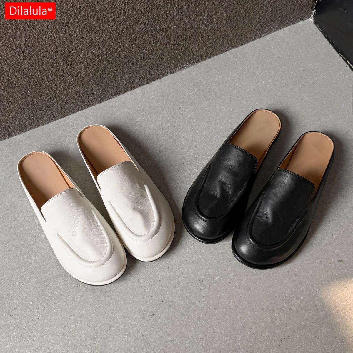 Dilalula 2026 Genuine Cow Leather women's Mules Round Toe Flat Heel Covered Toe Slippers Female Casual Slides Vacation Shoes