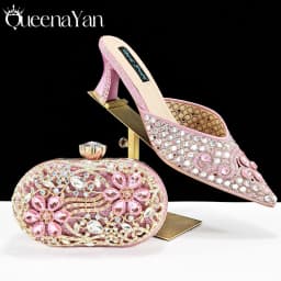 QUEENA YAN Luxury Pink Rhinestone Party Shoes and Clutch for Women- Elegant Crystal Heels with Matching Evening Bag