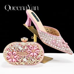 QUEENA YAN Luxury Pink Rhinestone Party Shoes and Clutch for Women- Elegant Crystal Heels with Matching Evening Bag