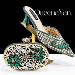 QUEENA YAN Luxury Pink Rhinestone Party Shoes and Clutch for Women- Elegant Crystal Heels with Matching Evening Bag