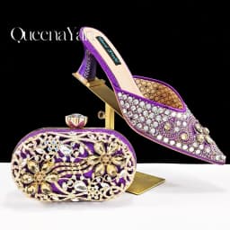 QUEENA YAN Luxury Pink Rhinestone Party Shoes and Clutch for Women- Elegant Crystal Heels with Matching Evening Bag