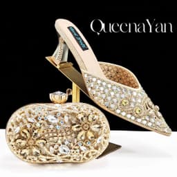QUEENA YAN Luxury Pink Rhinestone Party Shoes and Clutch for Women- Elegant Crystal Heels with Matching Evening Bag