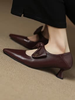 Women's sheepskin pointed toe sweet bowtie slip-on pumps elegant ladies 5cm thin high heel daily slim dress heels shoes woman