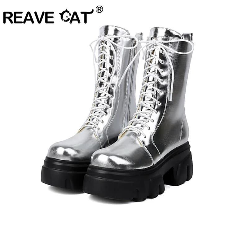 REAVE CAT 8cm Heel 5.5cm Platform Mortorcycle Boots Midcalf Autumn Strap Up Antislip Shoes Big Size 41 42 43 44