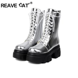 REAVE CAT 8cm Heel 5.5cm Platform Mortorcycle Boots Midcalf Autumn Strap Up Antislip Shoes Big Size 41 42 43 44