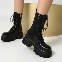 REAVE CAT 8cm Heel 5.5cm Platform Mortorcycle Boots Midcalf Autumn Strap Up Antislip Shoes Big Size 41 42 43 44