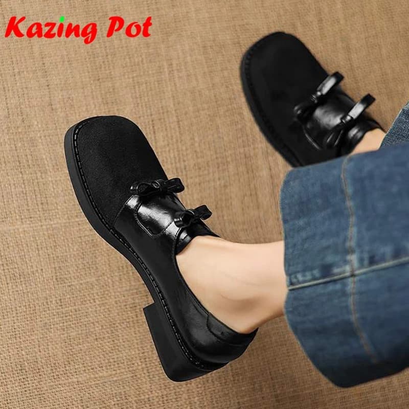 Krazing Pot Flock Microfiber Round Toe Chunky Heels Spring Autumn Plus Size 43 Vintage Design Butterfly-knot Women Oxford Shoes