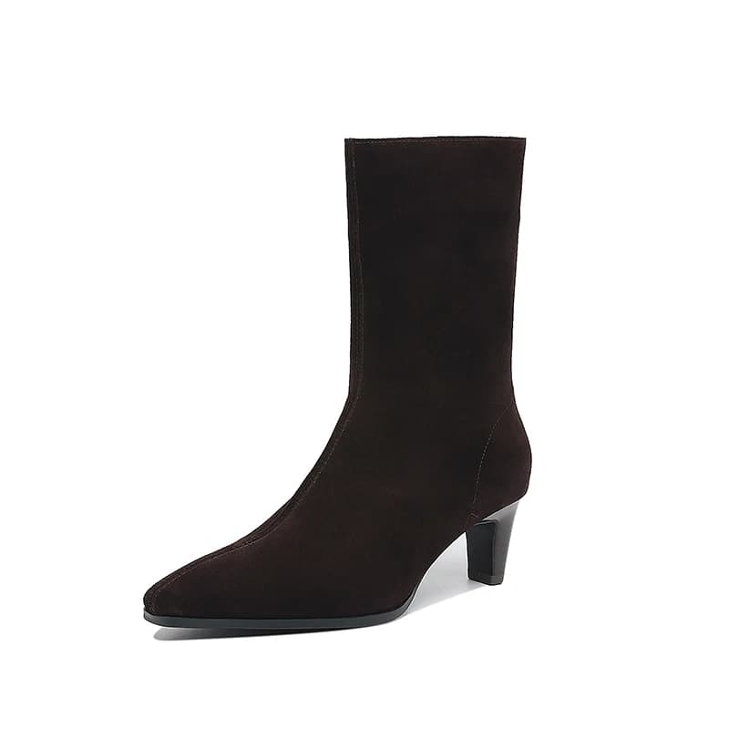 2025 New Trend Autumn Winter Cow Suede Women Mid Calf Boots Green Chocolate Ladies High Chunky Heels Side Zipper Square Toe Boot