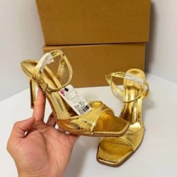 Women Gold High Heels Sandals Square Toe Ankle Strap Pumps Sexy Party Wedding Shoes Fashion Metallic Heeled Sandals Summer