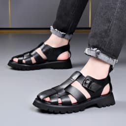 2026 Summer Gladiator Sandals New Breathable Casual Men Genuine Leather Sandals Hollow Beach Shoes Men Black Sizes 38-48 sandals