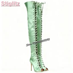 Champagne Peep Toe Stiletto Sandals Boots Satin Silk Cross-tied Over-the Knee Boots 2025 Autumn New Fashion Women Elegant Shoes