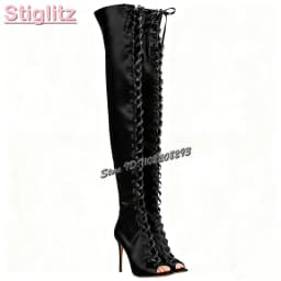 Champagne Peep Toe Stiletto Sandals Boots Satin Silk Cross-tied Over-the Knee Boots 2025 Autumn New Fashion Women Elegant Shoes