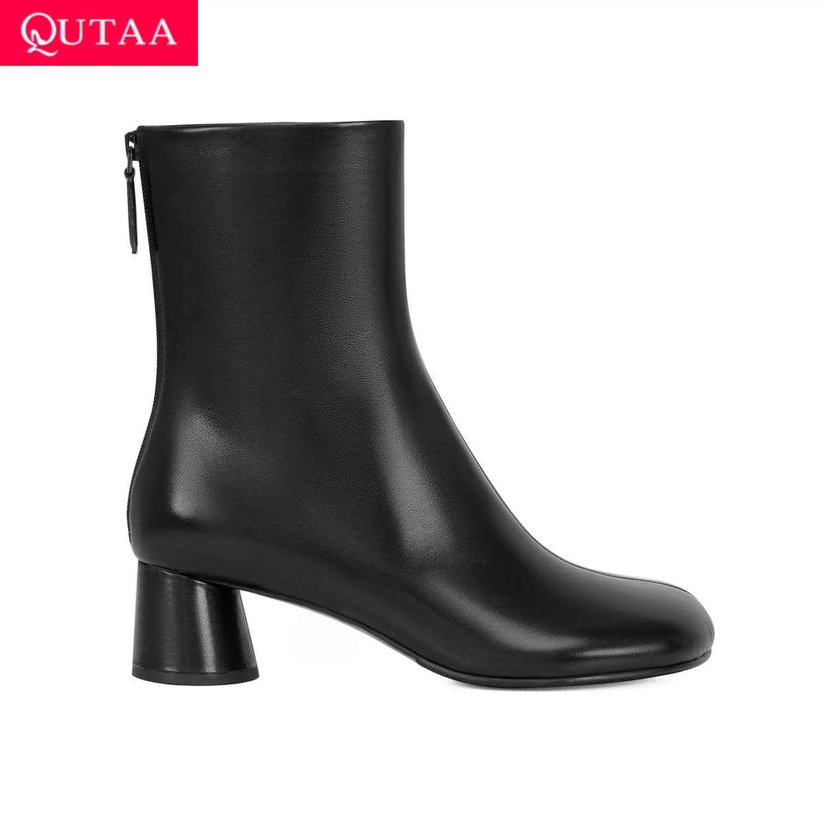 QUTAA Fashion Cow Leather Women Ankle Boots Autumn Shoes Winter Lady High Heel Zipper Round Toe Sexy Dress Short Boots 34-42