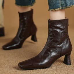 Women's sheepskin square toe 5.5cm thin high heel back zip autumn ankle boots elegant ladies slim daily dress short booties shoe