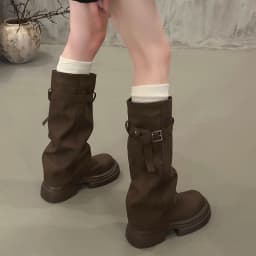 Vintage Chunky Heel Women Knee High Boots Autumn Winter Slip On Female Shoes Slim Fit Thick Bottom Motorcycle Booties